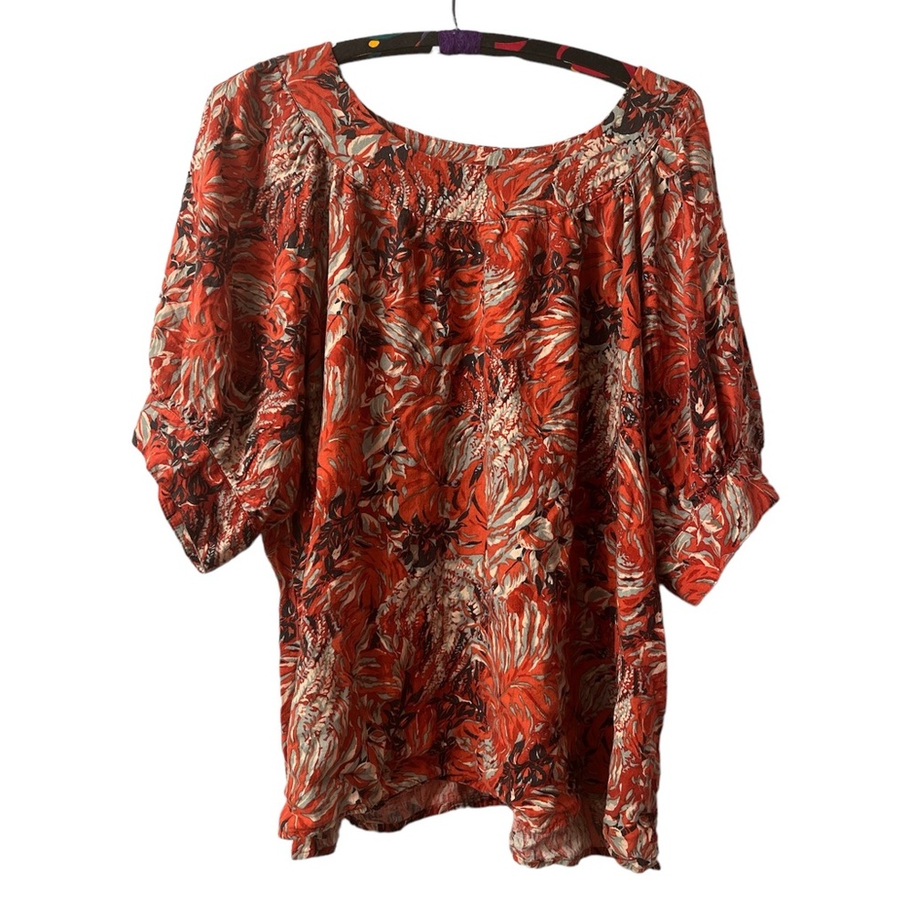 CJ Banks Women’s Linen Blend Patterned Short Sleeve Blouse Size 1X
